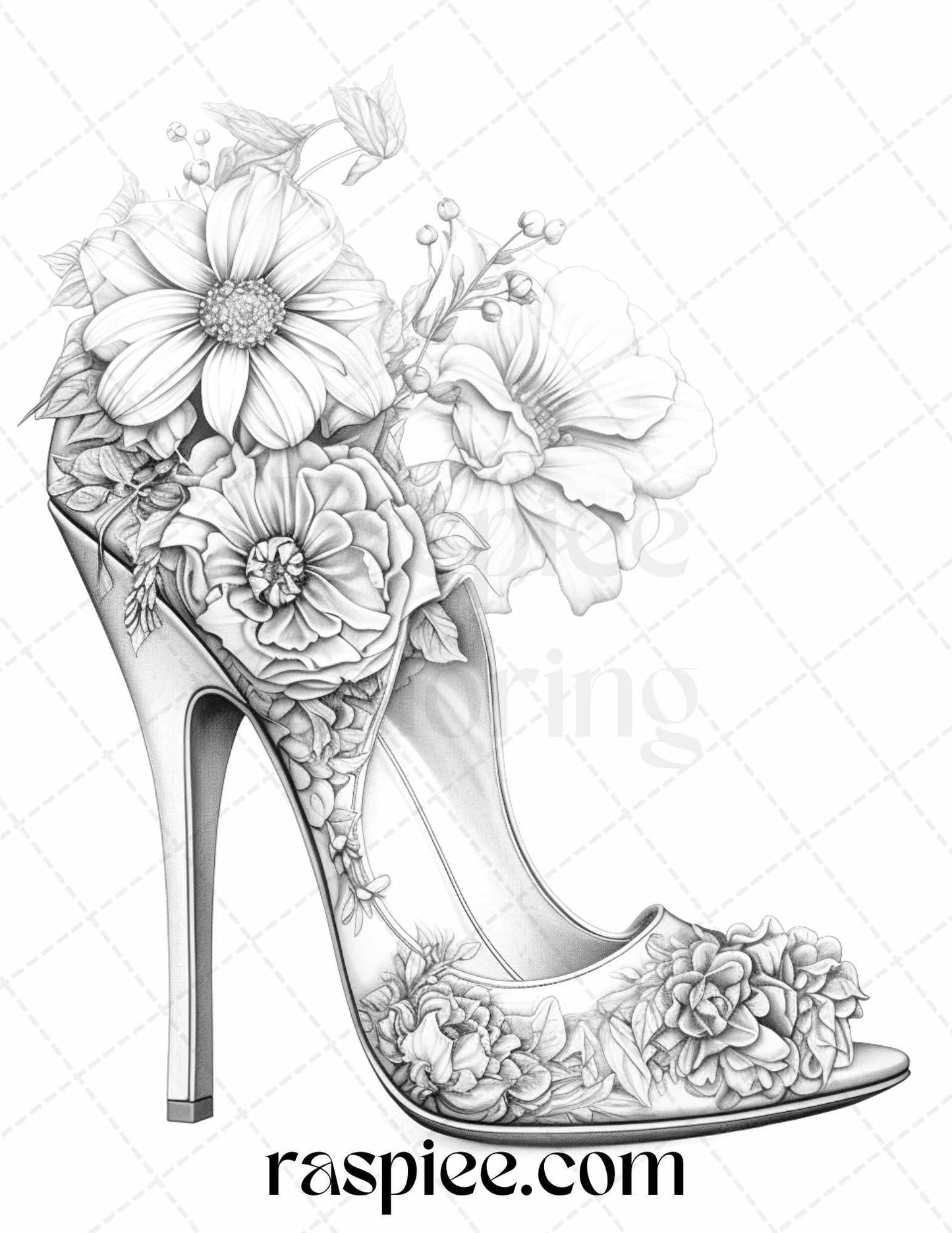 40 Flower Wedding Shoes Grayscale Coloring Pages Printable for Adults, PDF File Instant Download