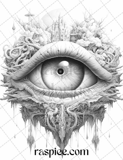 40 Surrealism Eyes Grayscale Coloring Pages Printable for Adults, PDF File Instant Download