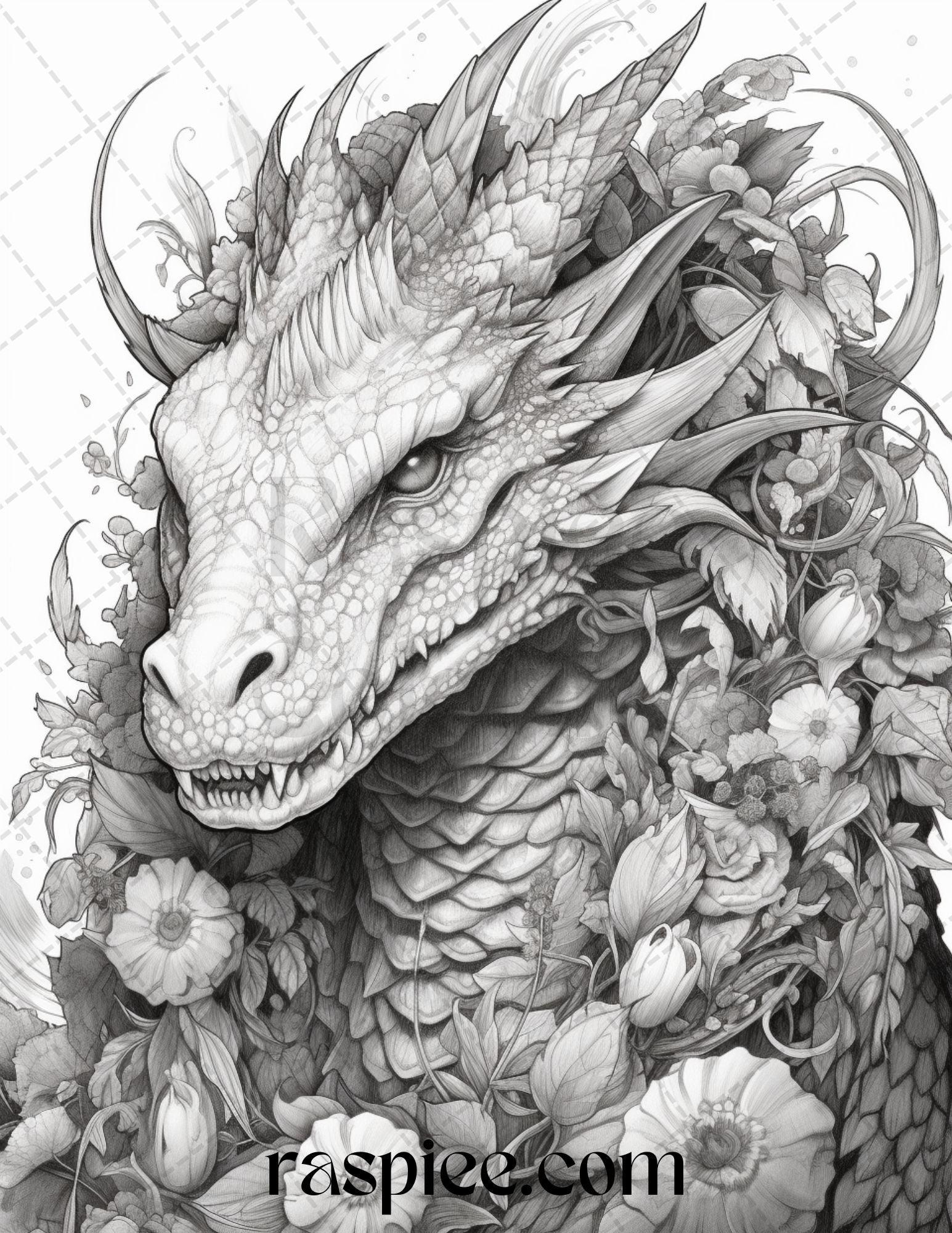 40 Flower Dragon Grayscale Coloring Pages Printable for Adults, PDF File Instant Download