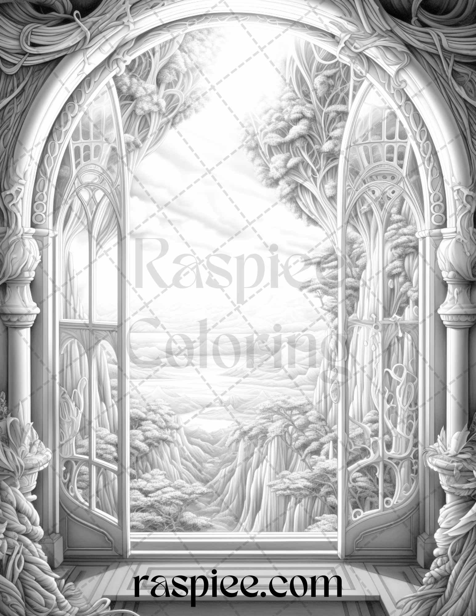 40 Window to Fantasy Worlds Grayscale Coloring Pages Printable for Adults, PDF File Instant Download