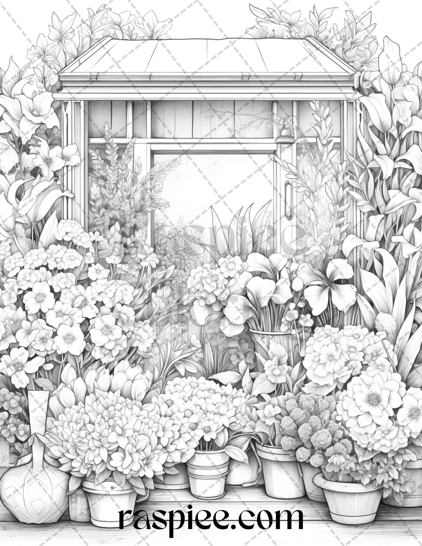 45 Flower Store Front Grayscale Coloring Pages Printable for Adults, PDF File Instant Download