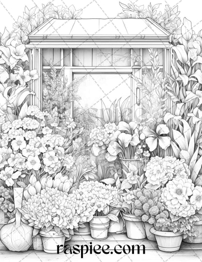 45 Flower Store Front Grayscale Coloring Pages Printable for Adults, PDF File Instant Download