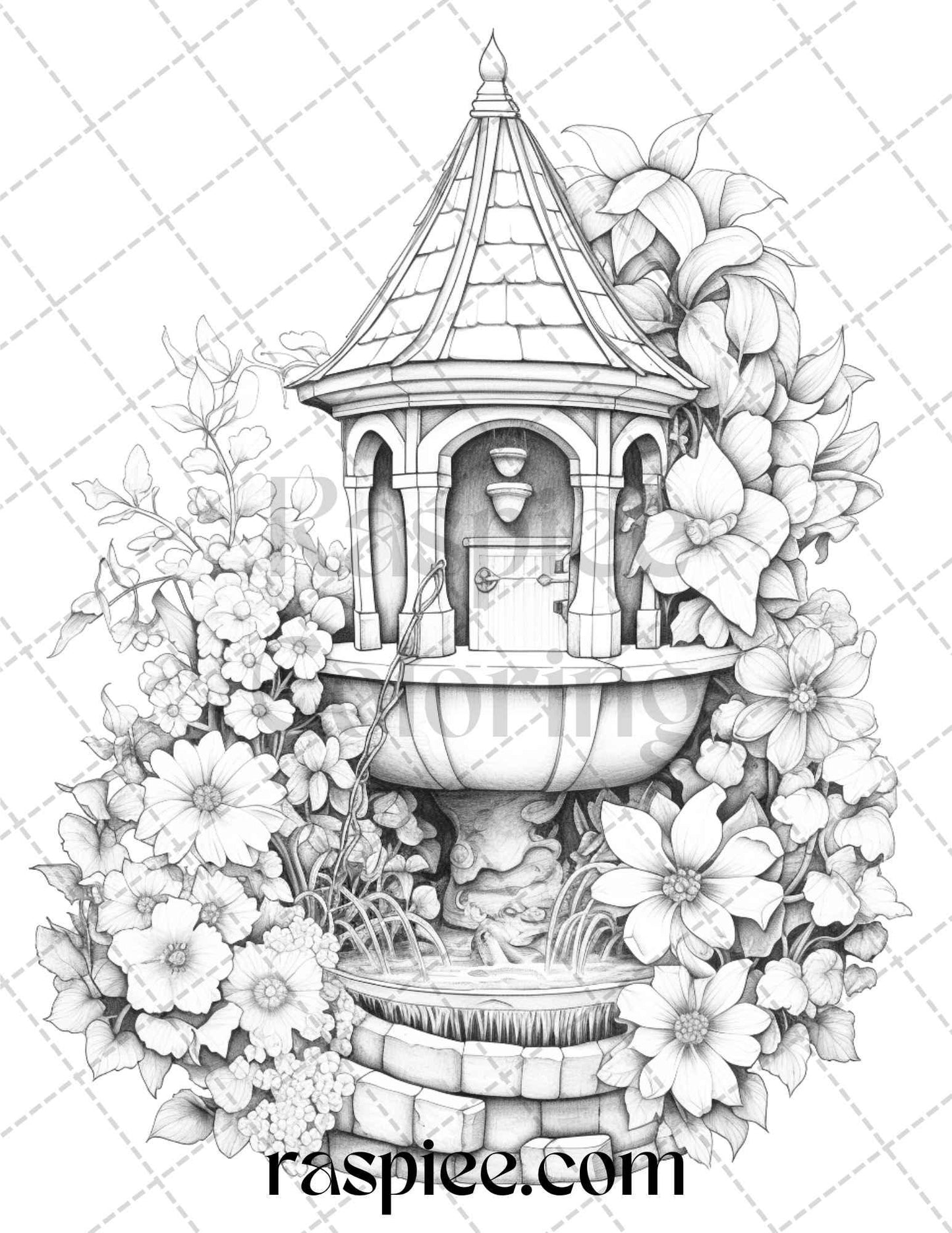 40 Whimsical Wishing Wells Grayscale Coloring Pages Printable for Adults, PDF File Instant Download