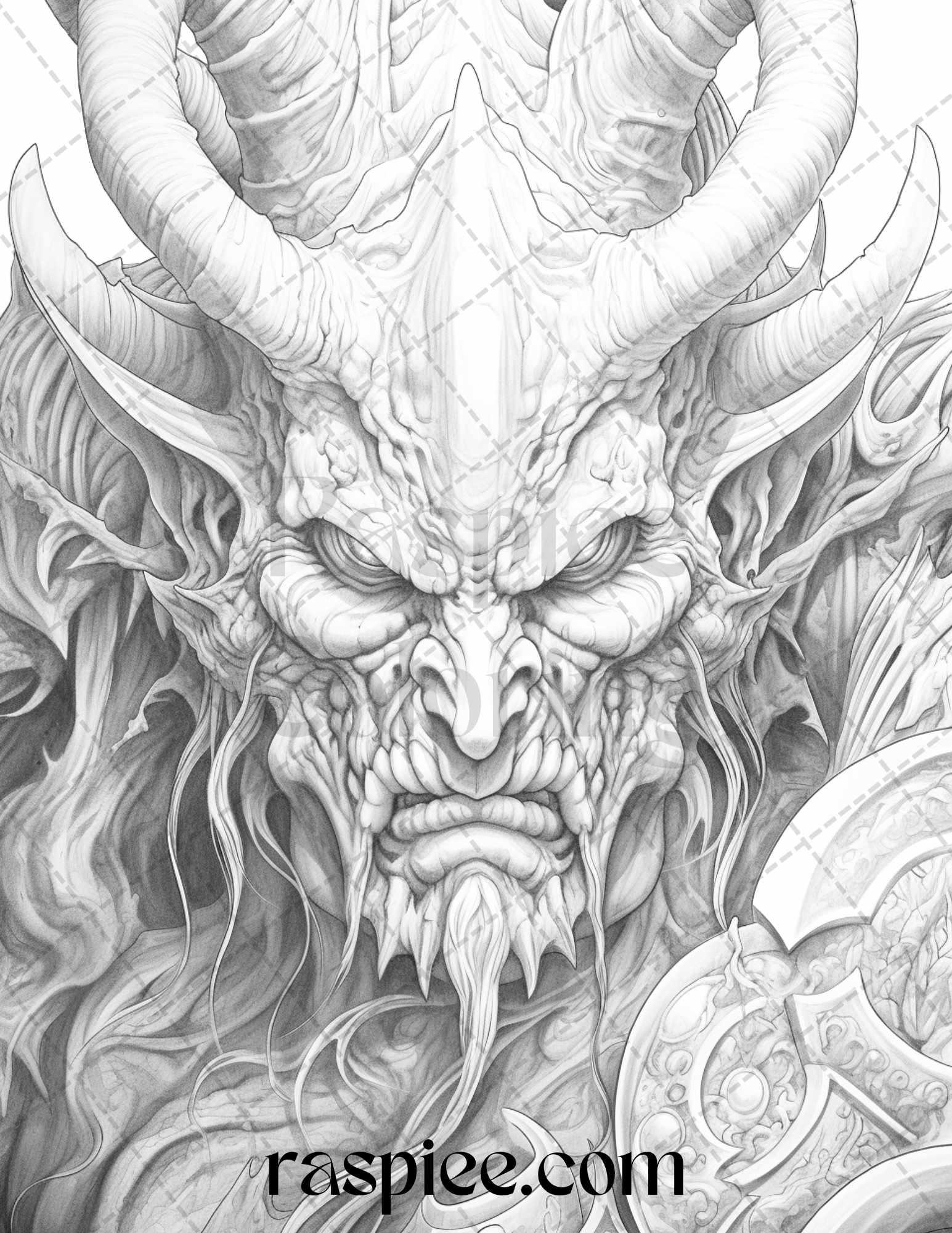 43 Fantasy Demons Grayscale Coloring Pages for Adults, Printable PDF File Instant Download