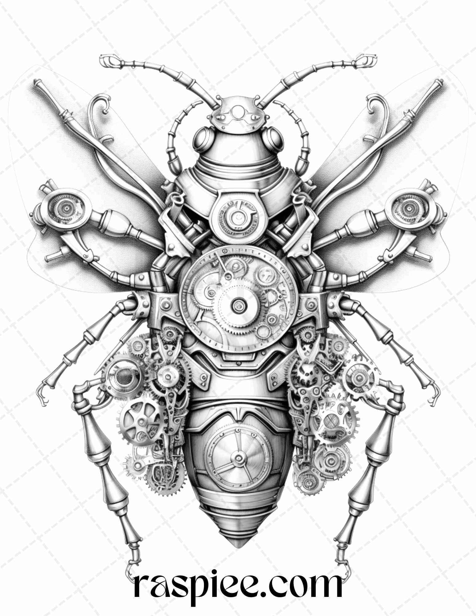 42 Steampunk Bugs Grayscale Coloring Pages Printable for Adults, PDF File Instant Download