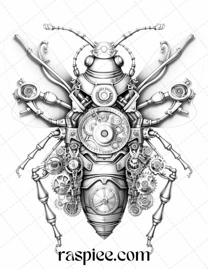 42 Steampunk Bugs Grayscale Coloring Pages Printable for Adults, PDF File Instant Download