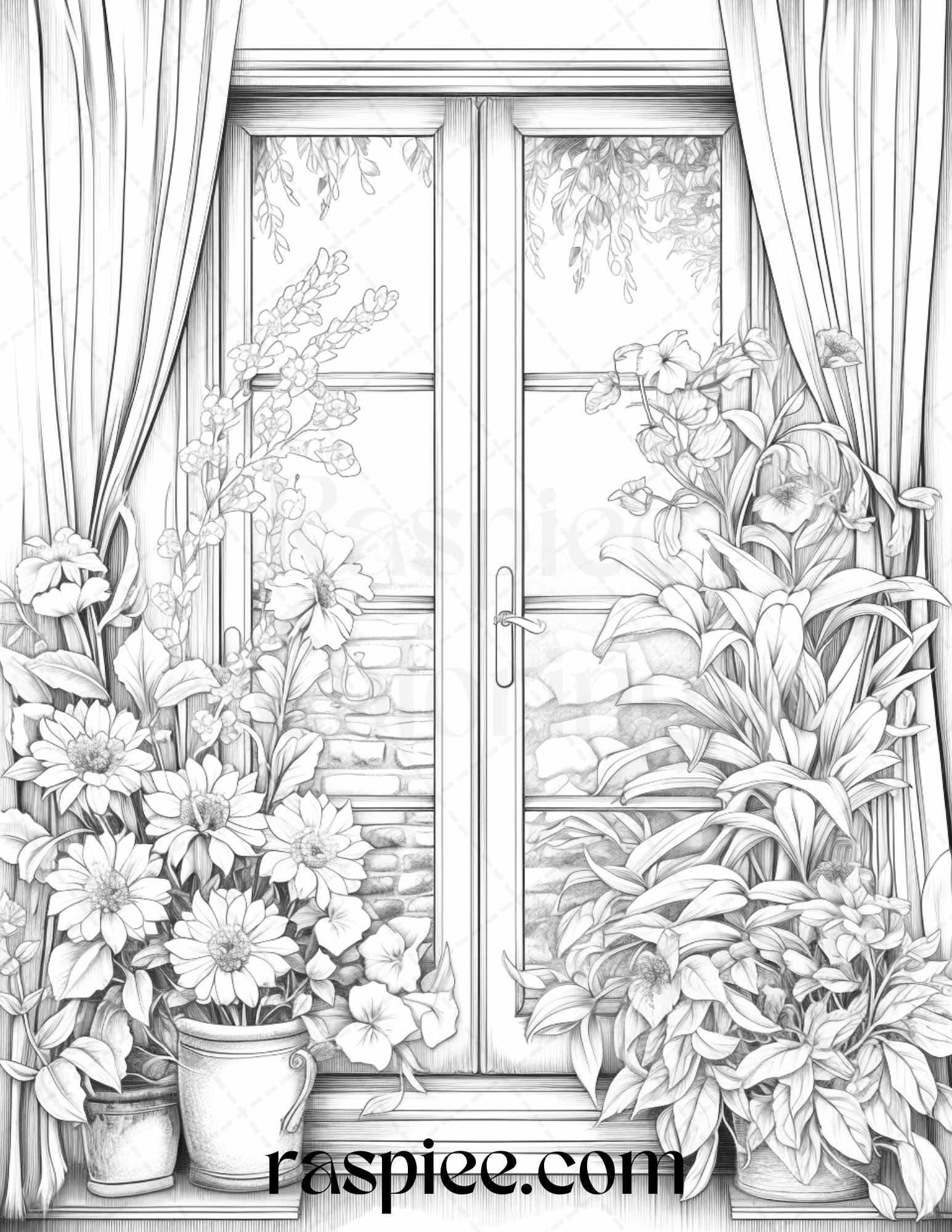 50 Blooming Windows Grayscale Coloring Pages Printable for Adults, PDF File Instant Download