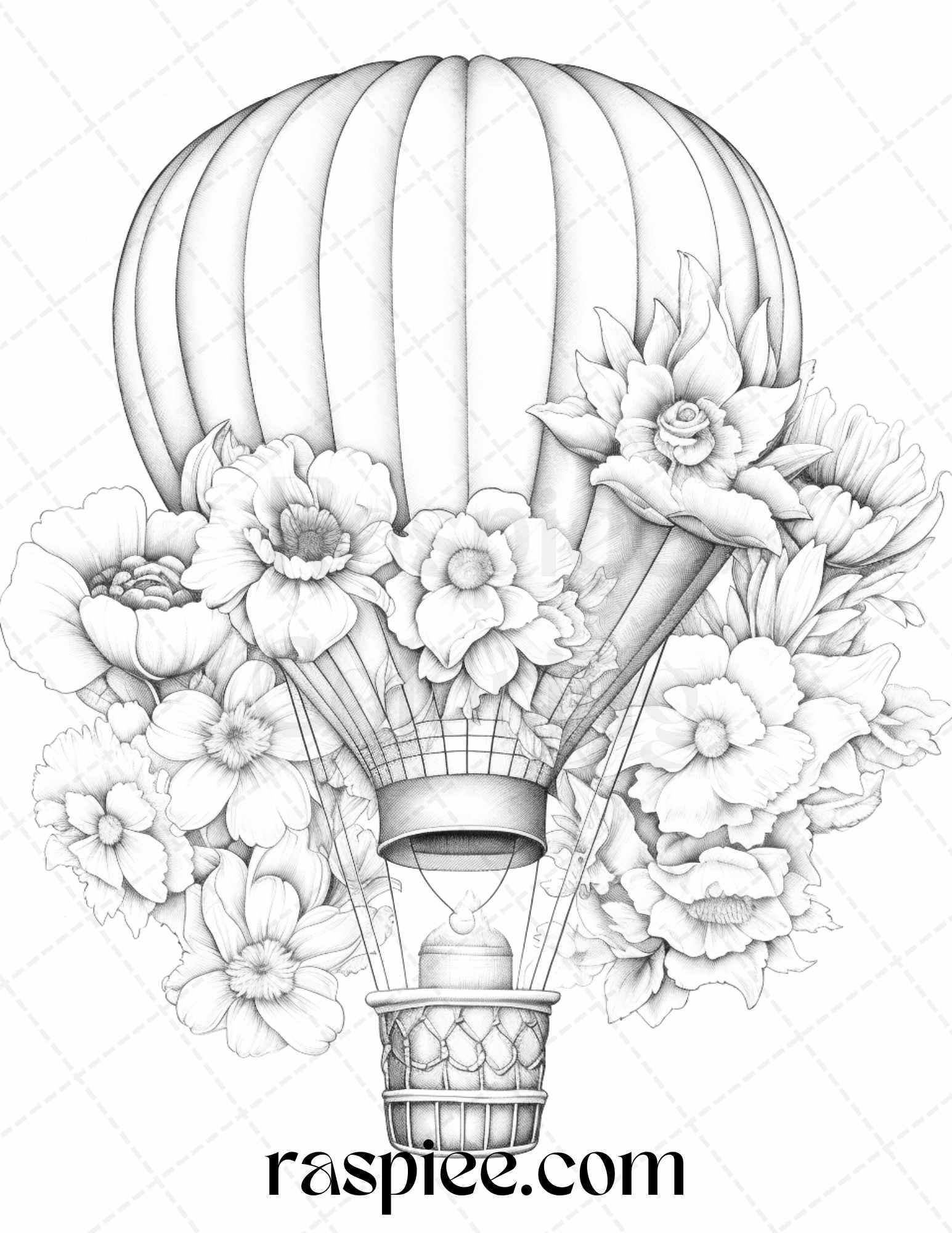 42 Flower Hot Air Balloons Grayscale Coloring Pages Printable for Adults, PDF File Instant Download