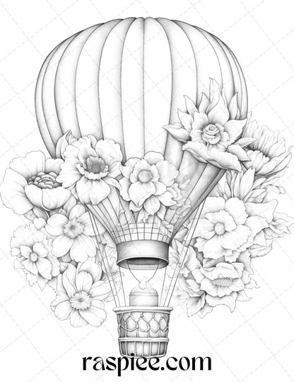 42 Flower Hot Air Balloons Grayscale Coloring Pages Printable for Adults, PDF File Instant Download