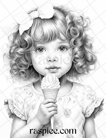 42 Adorable Girls with Ice Cream Grayscale Coloring Pages Printable for Adults Kids, PDF File Instant Download