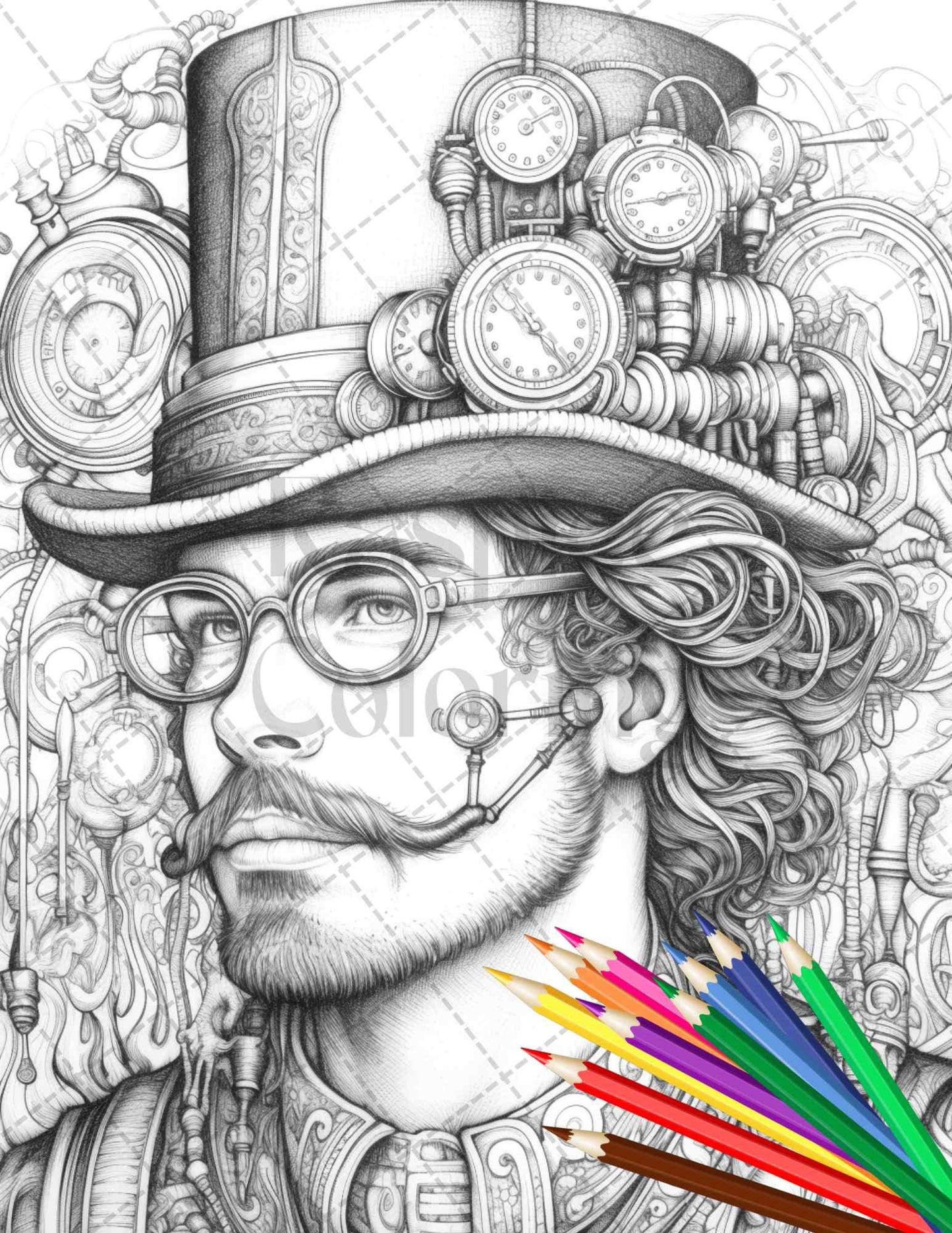 42 Steampunk Mens Grayscale Coloring Pages Printable for Adults, PDF File Instant Download