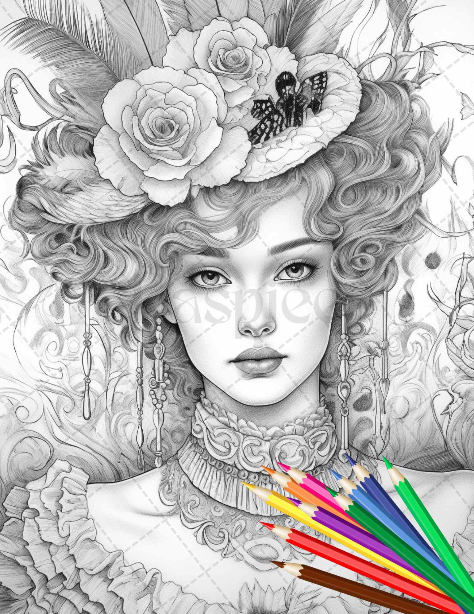 43 Beautiful Victorian Women Grayscale Coloring Pages Printable for Adults, PDF File Instant Download