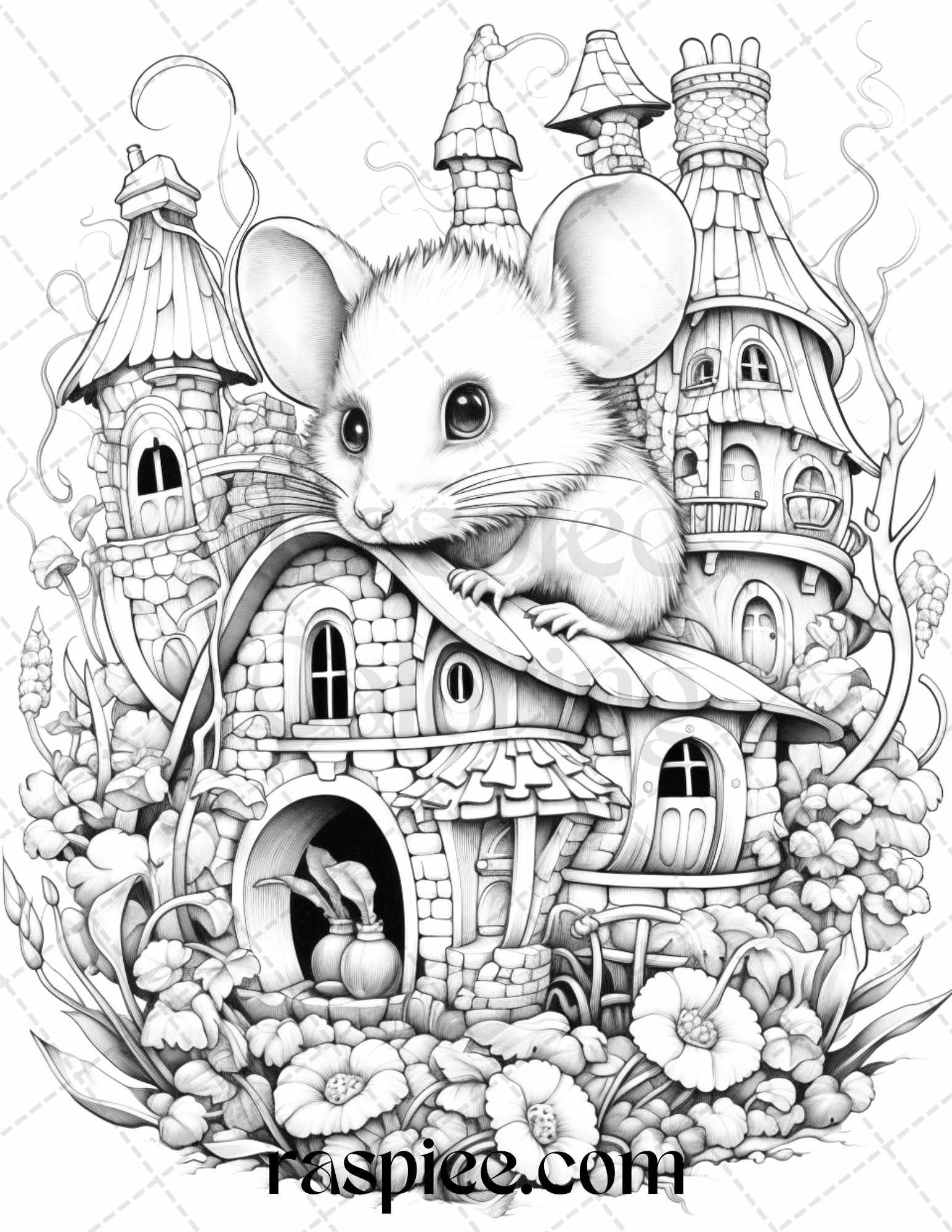 40 Magical Mouse Houses Grayscale Coloring Pages Printable for Adults, PDF File Instant Download