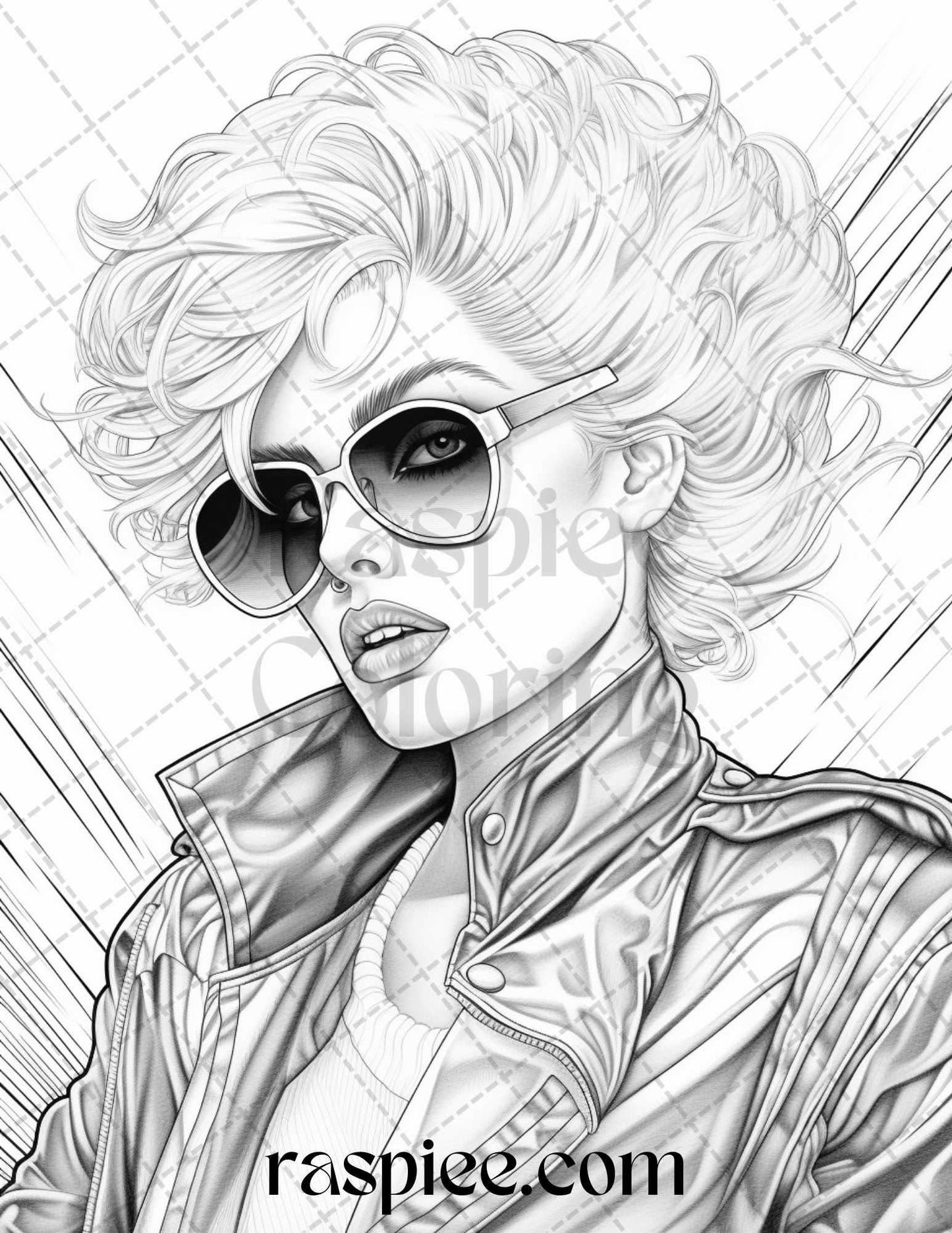 1980s New Wave Pop Star Grayscale Coloring Pages Printable for Adults, PDF File Instant Download