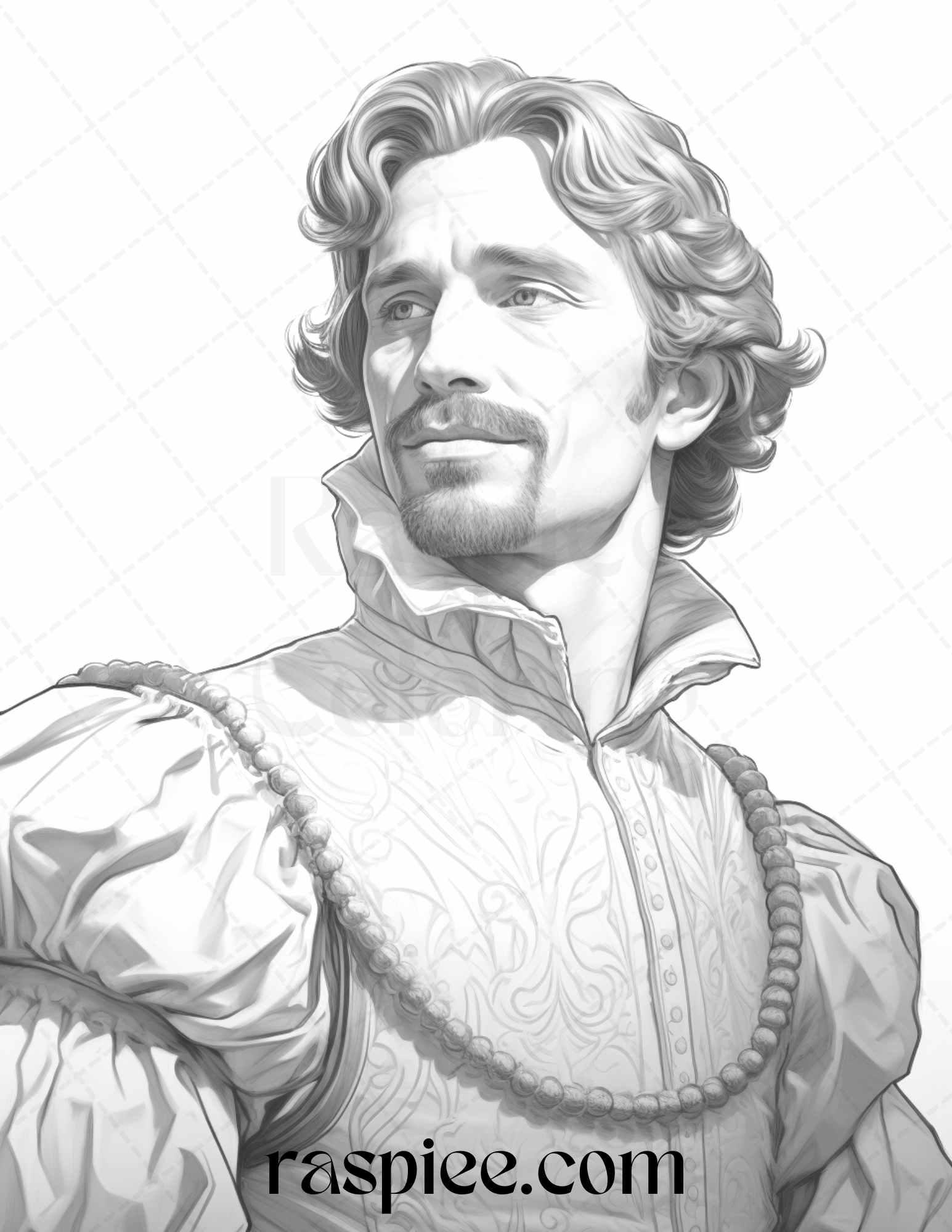 50 Baroque Man Portrait Grayscale Graysale Coloring Pages Printable for Adults, PDF File Instant Download