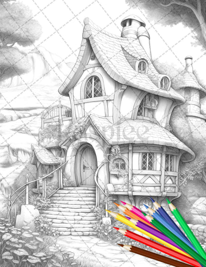 43 Enchanted Hobbiton Houses Grayscale Coloring Pages Printable for Adults, PDF File Instant Download