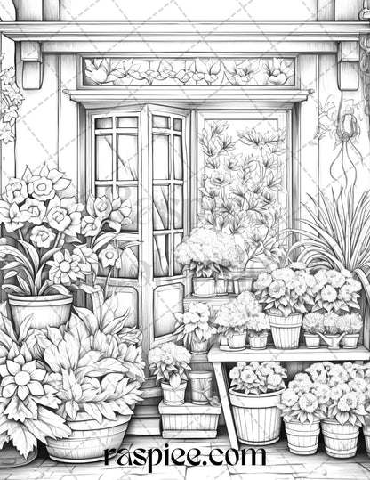 45 Flower Store Front Grayscale Coloring Pages Printable for Adults, PDF File Instant Download