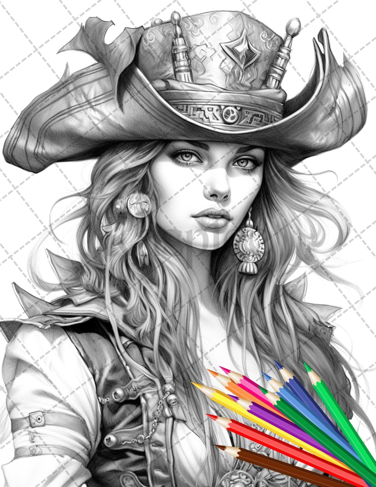 48 Beautiful Pirate Princess Coloring Book Printable for Adults, Grayscale Coloring Page, PDF File Instant Download