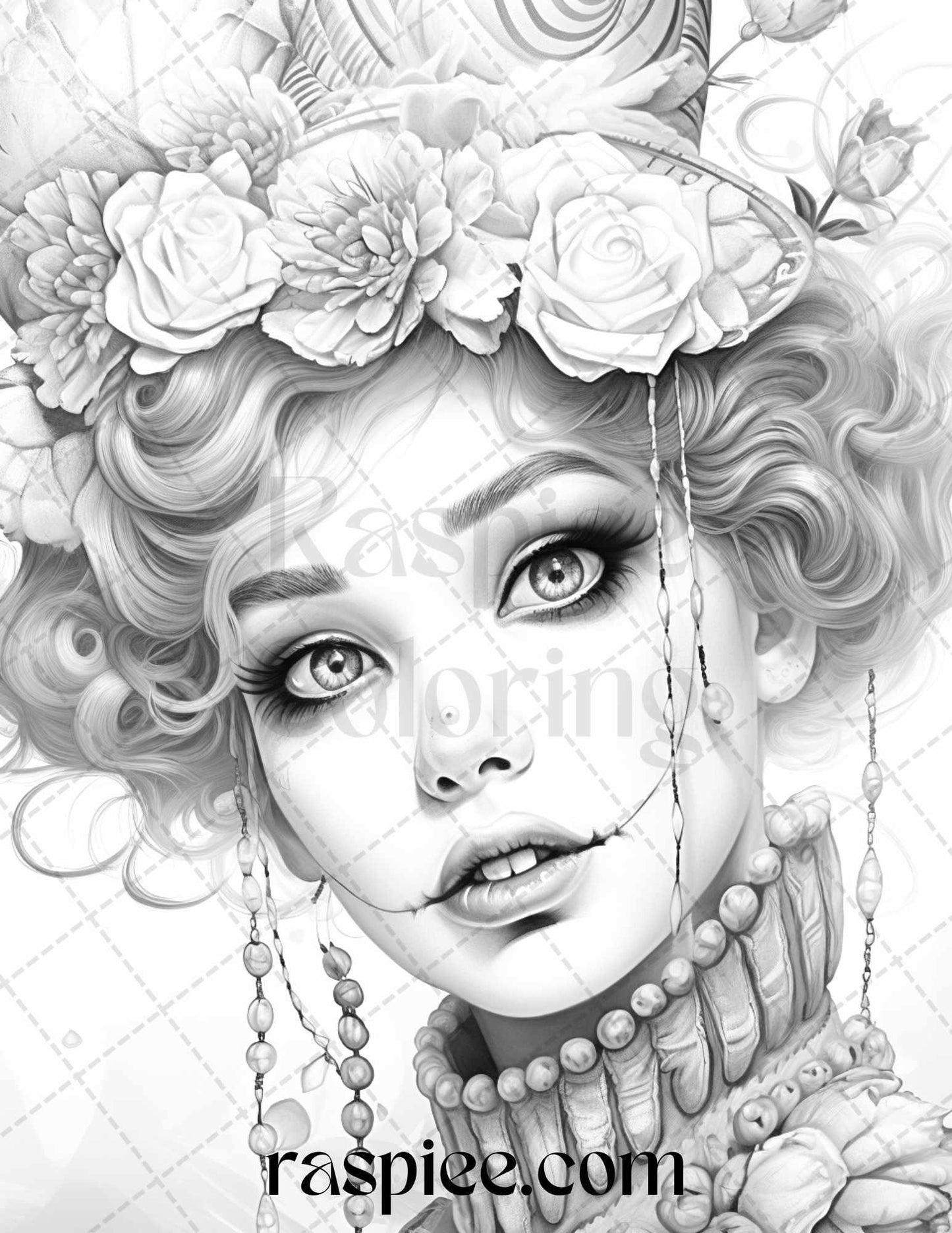 42 Beautiful Clown Girls Grayscale Coloring Pages Printable for Adults, PDF File Instant Download