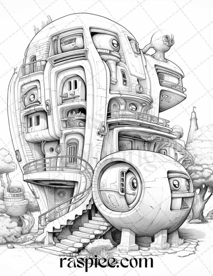 43 Futuristic Houses Grayscale Coloring Pages Printable for Adults, PDF File Instant Download