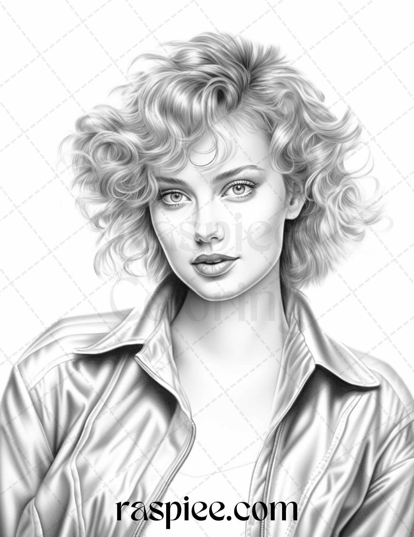 1980s Retro Beautiful Women Grayscale Coloring Pages for Adults, PDF File Instant Download