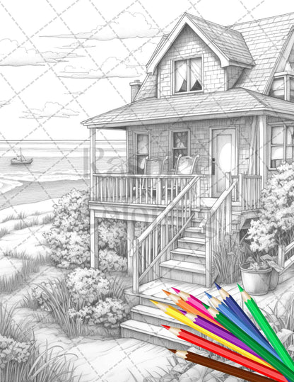 42 Wooden Beach Houses Grayscale Coloring Pages Printable for Adults, PDF File Instant Download