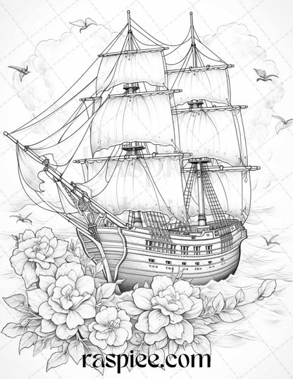 44 Flower Ships Graysale Coloring Pages Printable for Adults, PDF File Instant Download