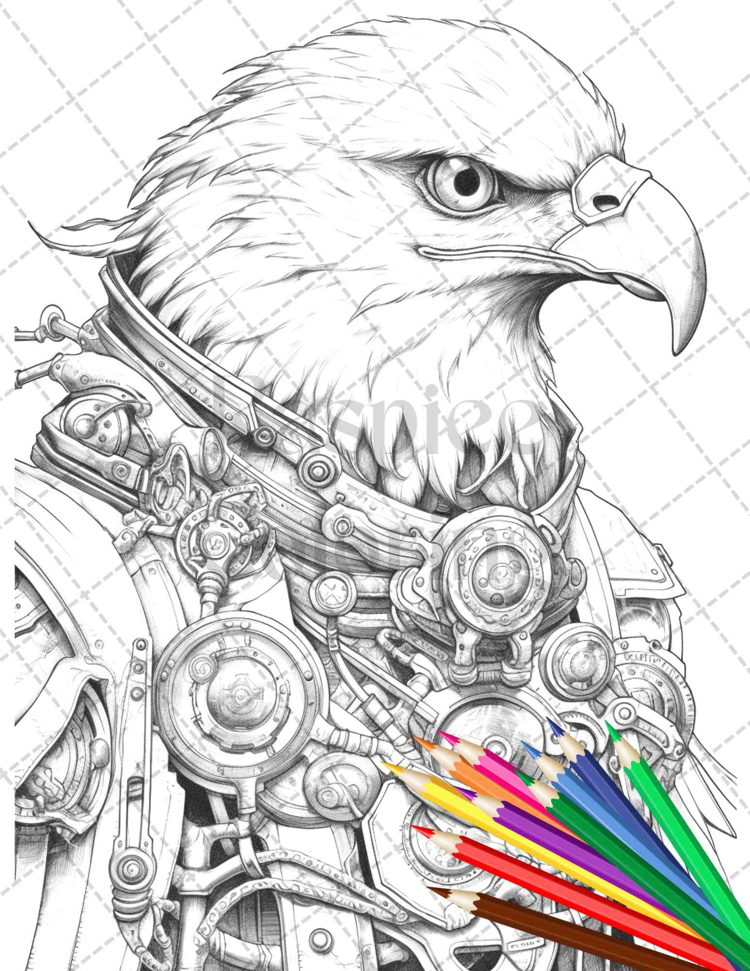 45 Steampunk Animals Grayscale Coloring Pages Printable for Adults Vol. 2, PDF File Instant Download