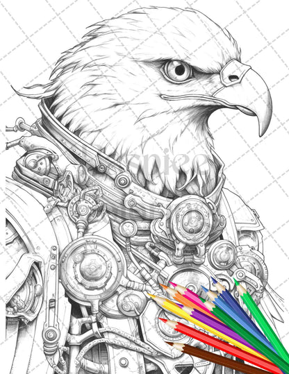 45 Steampunk Animals Grayscale Coloring Pages Printable for Adults Vol. 2, PDF File Instant Download