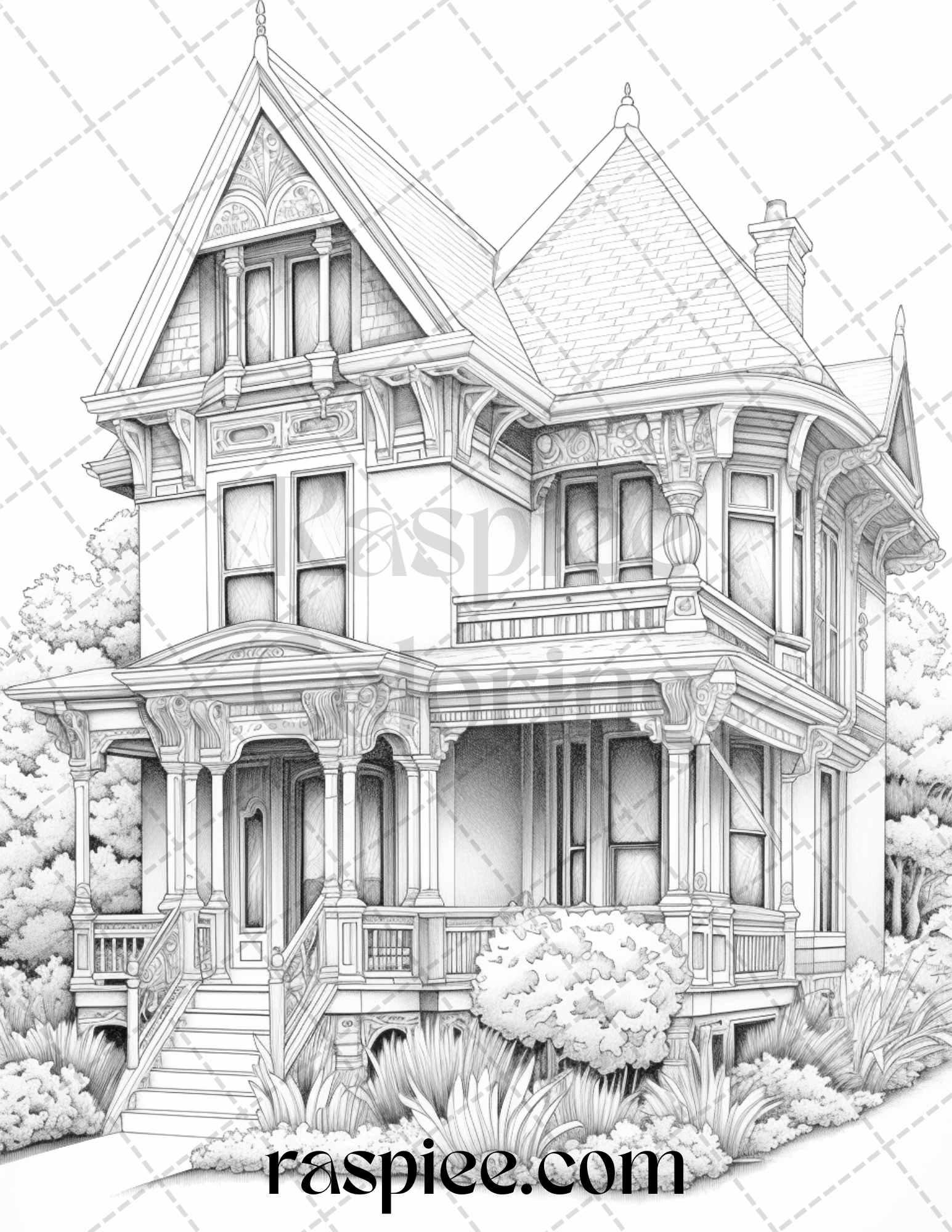 40 Victorian Houses Grayscale Coloring Pages Printable for Adults, PDF File Instant Download