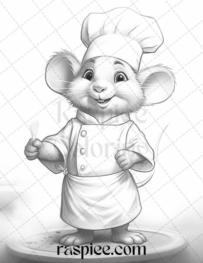 45 Mouse Chef Grayscale Coloring Pages Printable for Adults, PDF File Instant Download