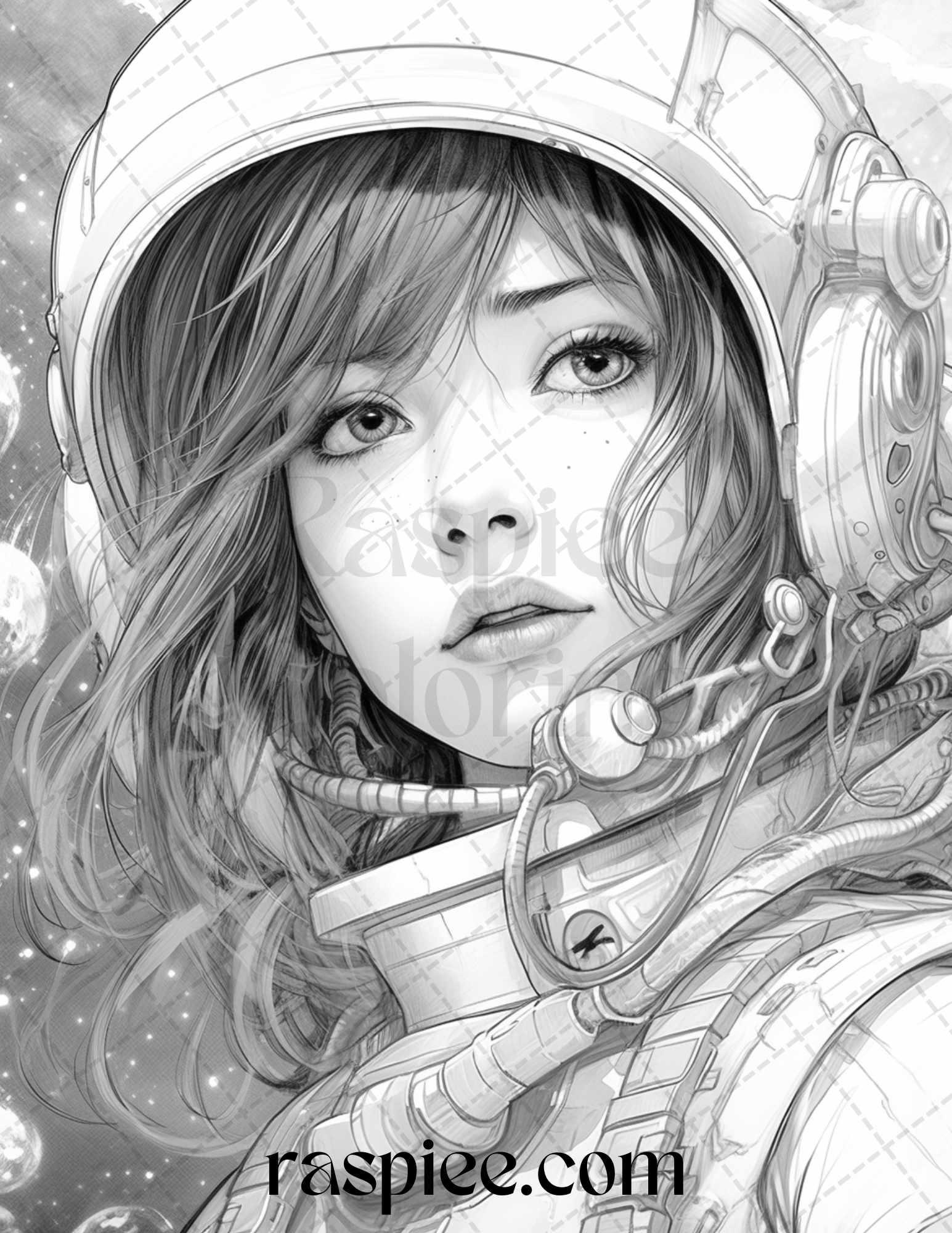 50 Astronaut Girl Portrait Grayscale Coloring Pages Printable for Adults, PDF File Instant Download