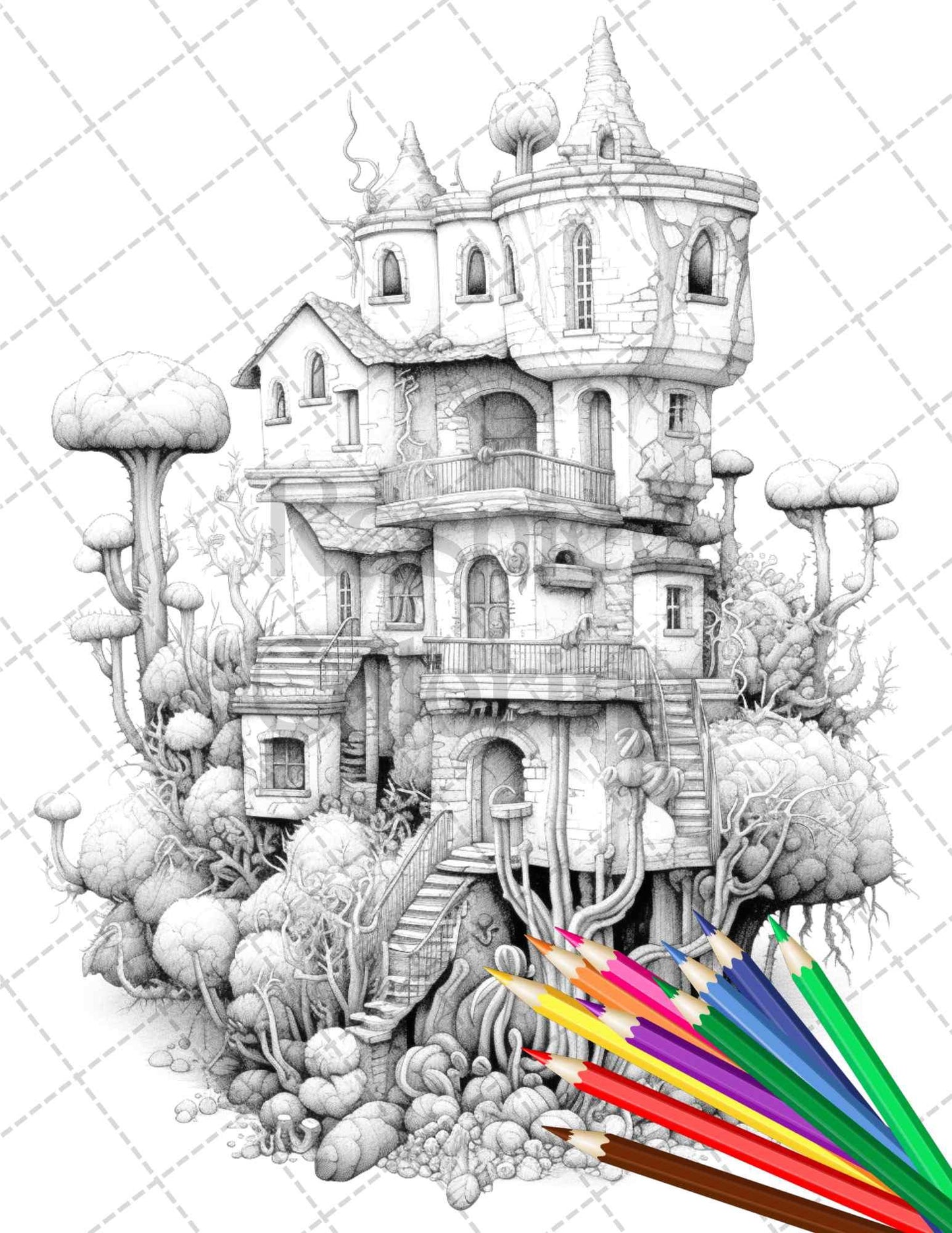 46 Fantasy Cactus Houses Grayscale Coloring Pages Printable for Adults, PDF File Instant Download