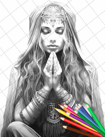 43 Beautiful Hippie Girls Grayscale Coloring Pages Printable for Adults, PDF File Instant Download