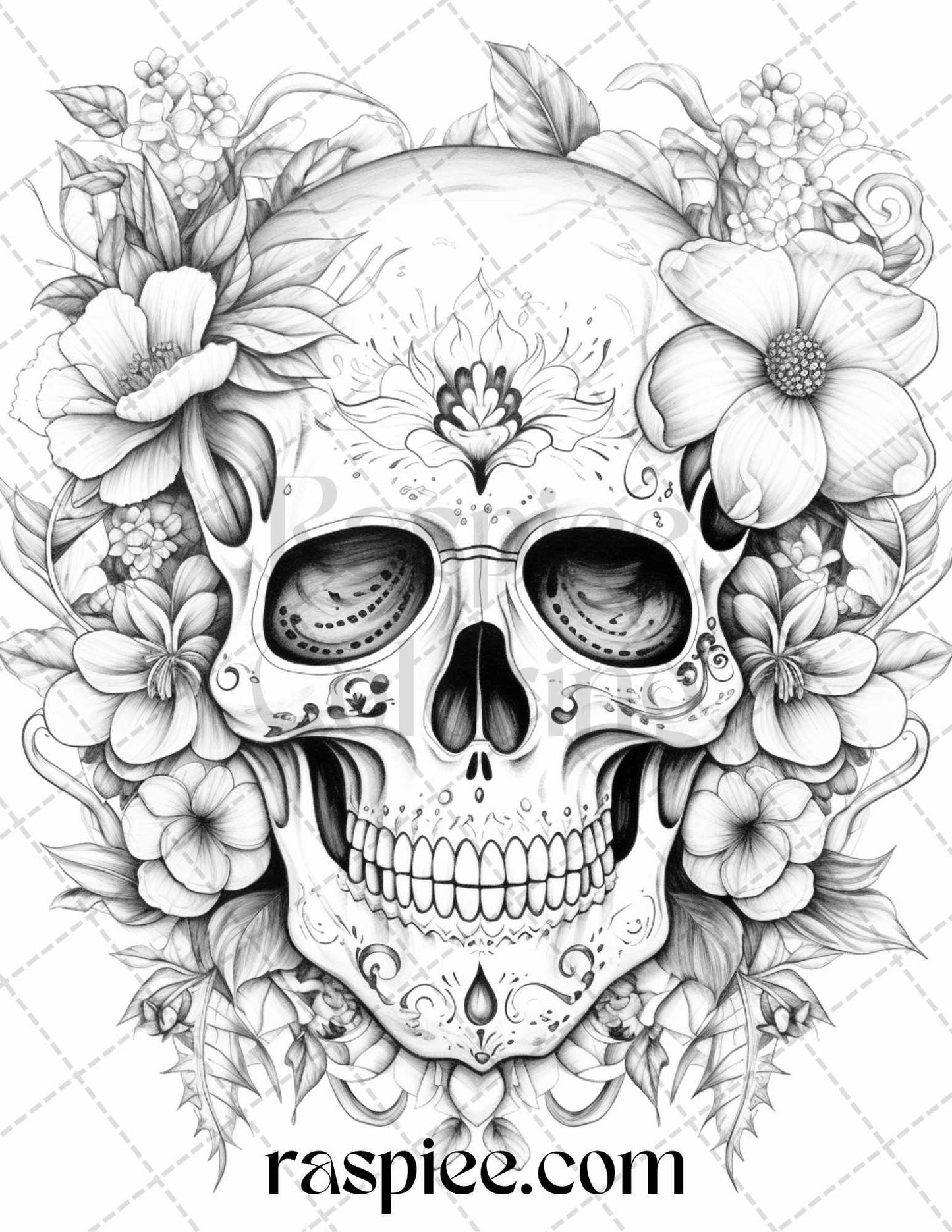 42 Floral Skull Grayscale Coloring Pages for Adults, Stress Relief Coloring Sheets, Printable PDF File Instant Download