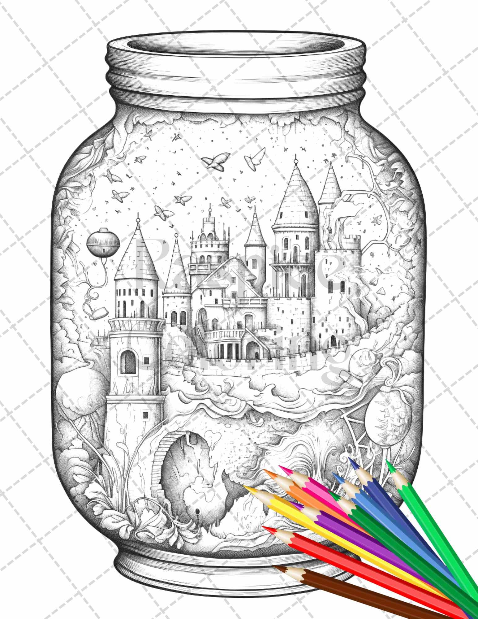 42 Fantasy Castle In Jar Grayscale Coloring Pages Printable for Adults, PDF File Instant Download