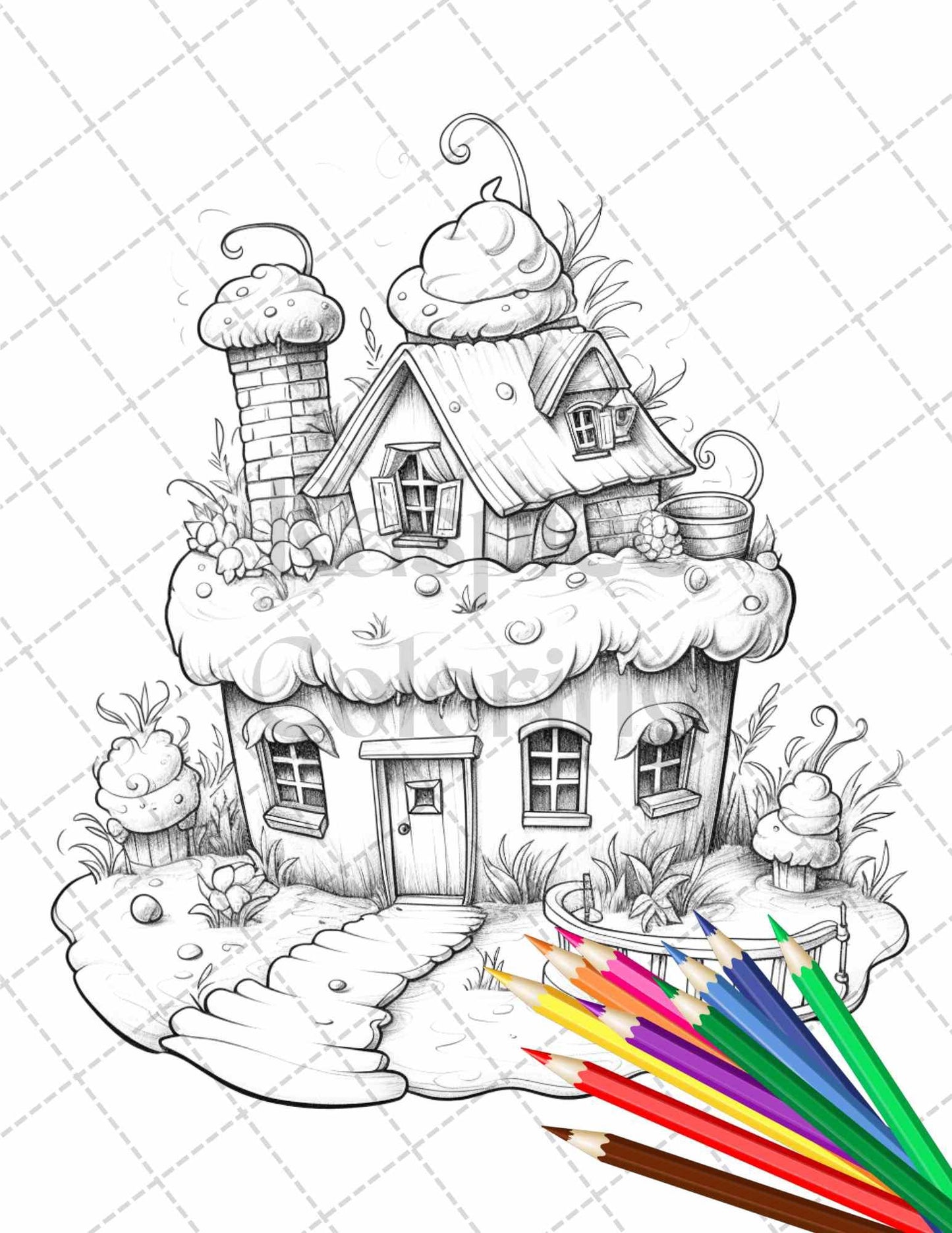 50 Adorable Cake Houses Grayscale Coloring Pages Printable for Adults and Kids, PDF File Instant Download