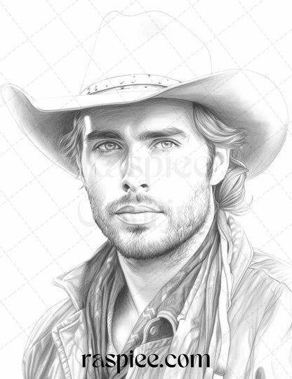 45 Wild West Cowboys Grayscale Coloring Pages Printable for Adults, PDF File Instant Download