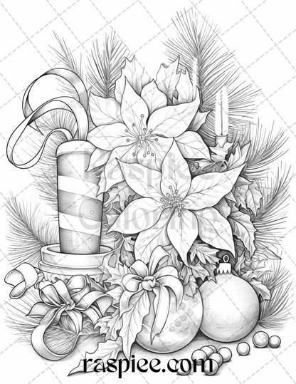 45 Christmas Flowers Grayscale Coloring Pages Printable for Adults, PDF File Instant Download