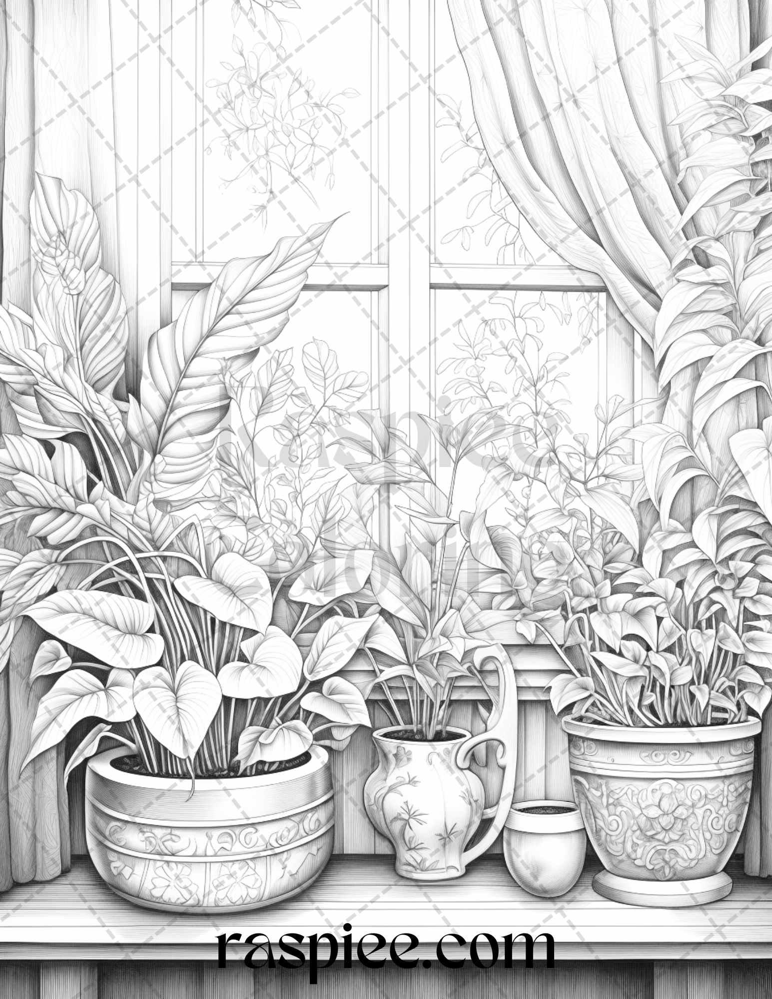 40 Window Plants Grayscale Coloring Pages Printable for Adults, PDF File Instant Download