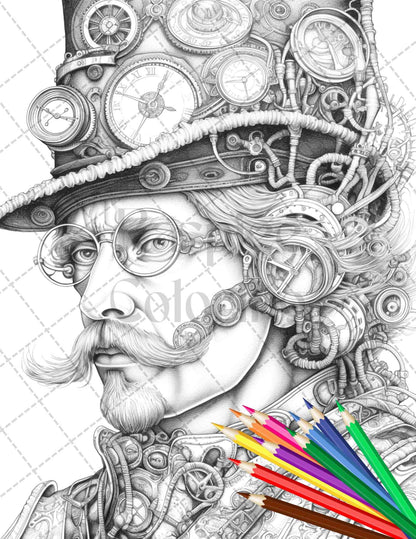 42 Steampunk Mens Grayscale Coloring Pages Printable for Adults, PDF File Instant Download