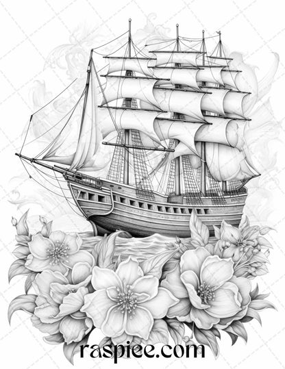 44 Flower Ships Graysale Coloring Pages Printable for Adults, PDF File Instant Download