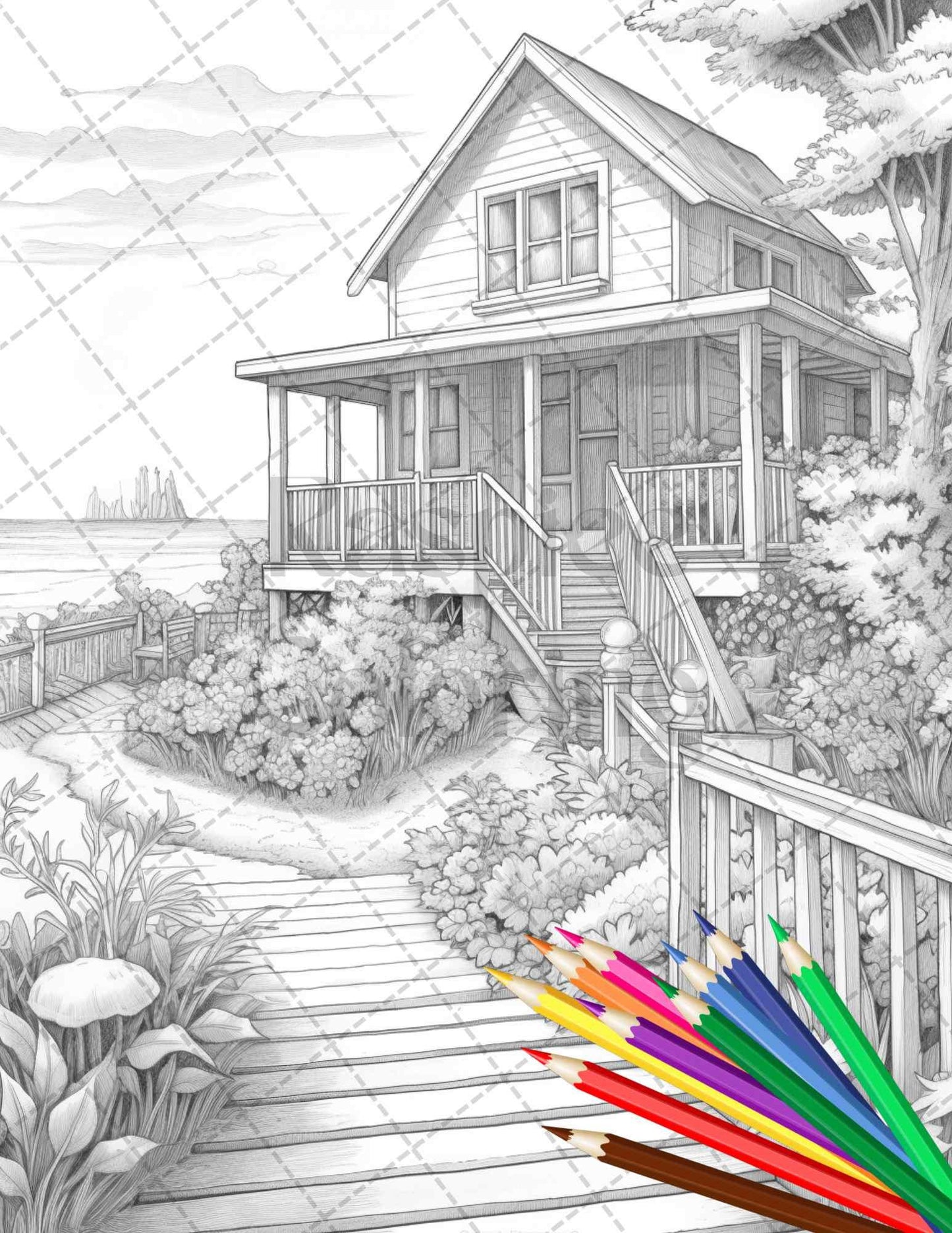 42 Wooden Beach Houses Grayscale Coloring Pages Printable for Adults, PDF File Instant Download