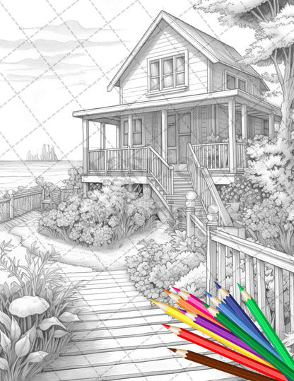 42 Wooden Beach Houses Grayscale Coloring Pages Printable for Adults, PDF File Instant Download