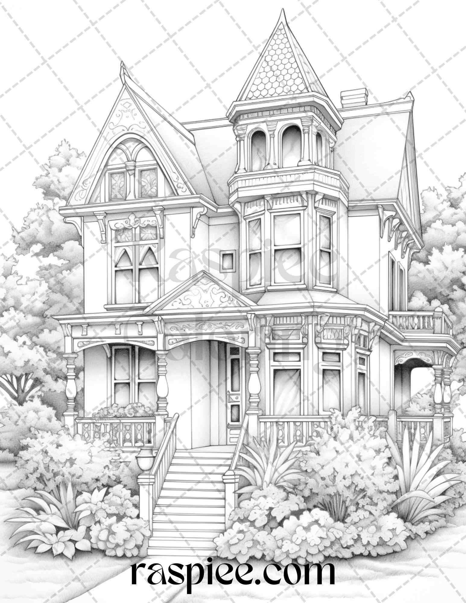 40 Victorian Houses Grayscale Coloring Pages Printable for Adults, PDF File Instant Download