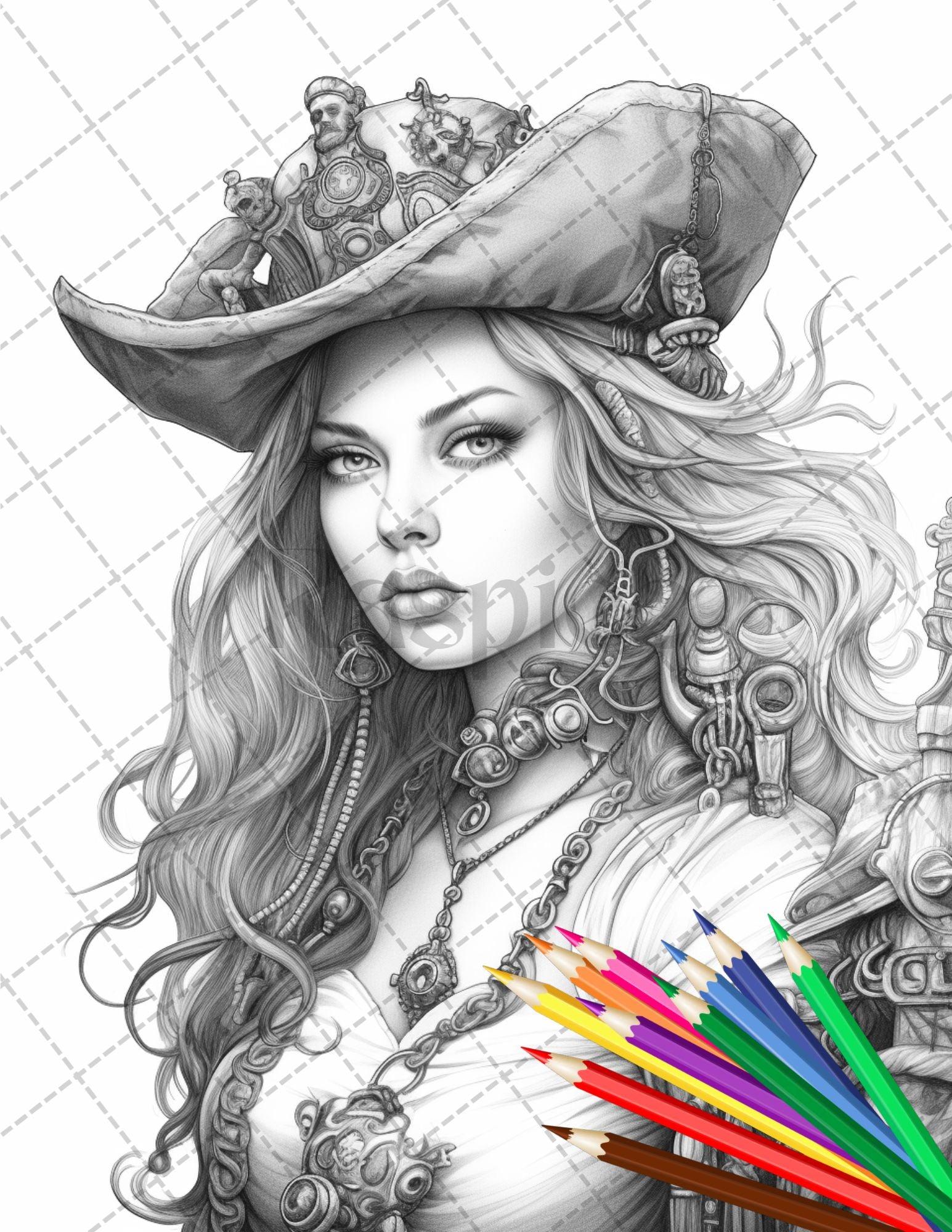 48 Beautiful Pirate Princess Coloring Book Printable for Adults, Grayscale Coloring Page, PDF File Instant Download