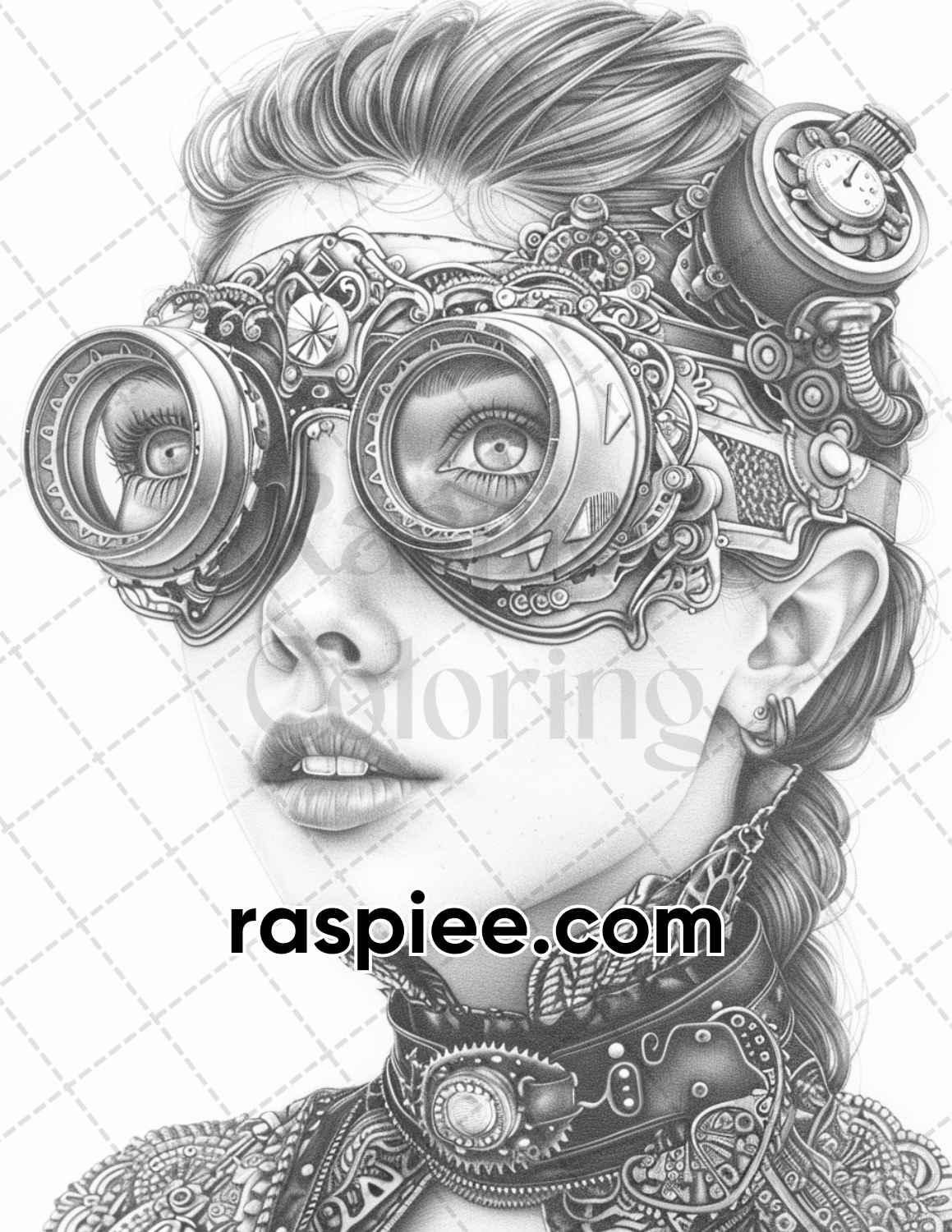 65 Gothic Steampunk Girls Grayscale Adult Coloring Pages, Printable PDF Instant Download