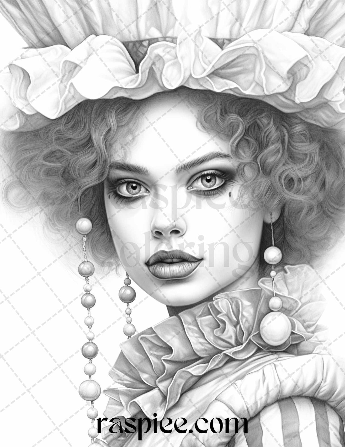 42 Beautiful Clown Girls Grayscale Coloring Pages Printable for Adults, PDF File Instant Download