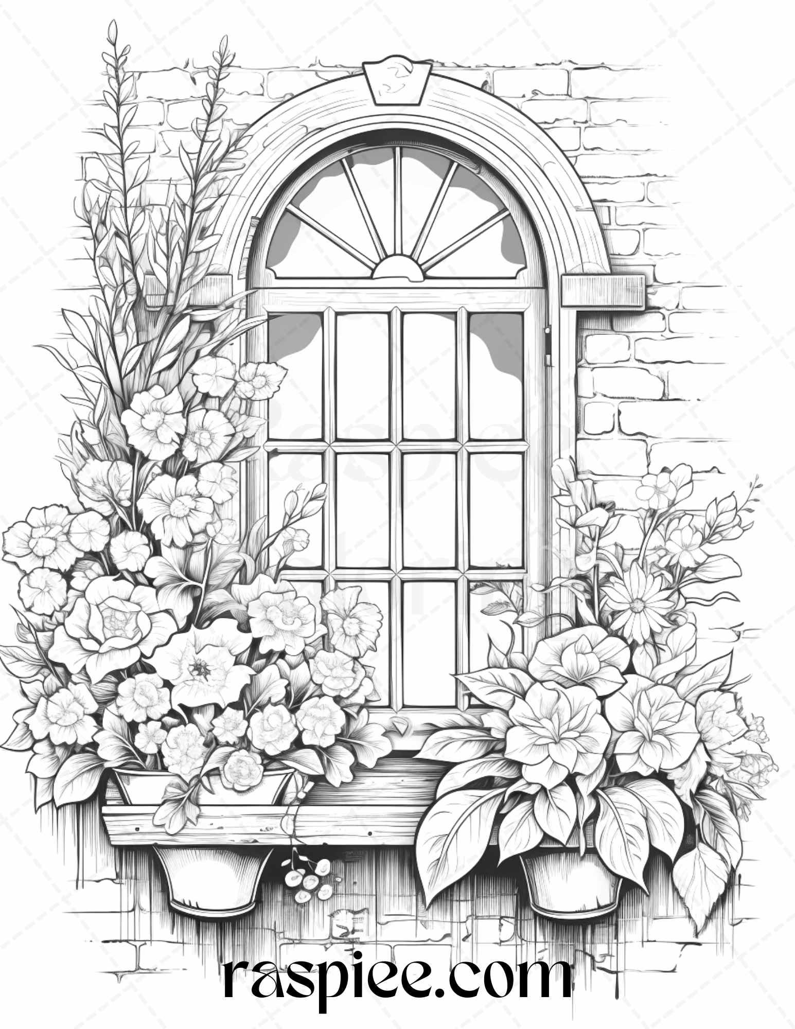 50 Blooming Windows Grayscale Coloring Pages Printable for Adults, PDF File Instant Download