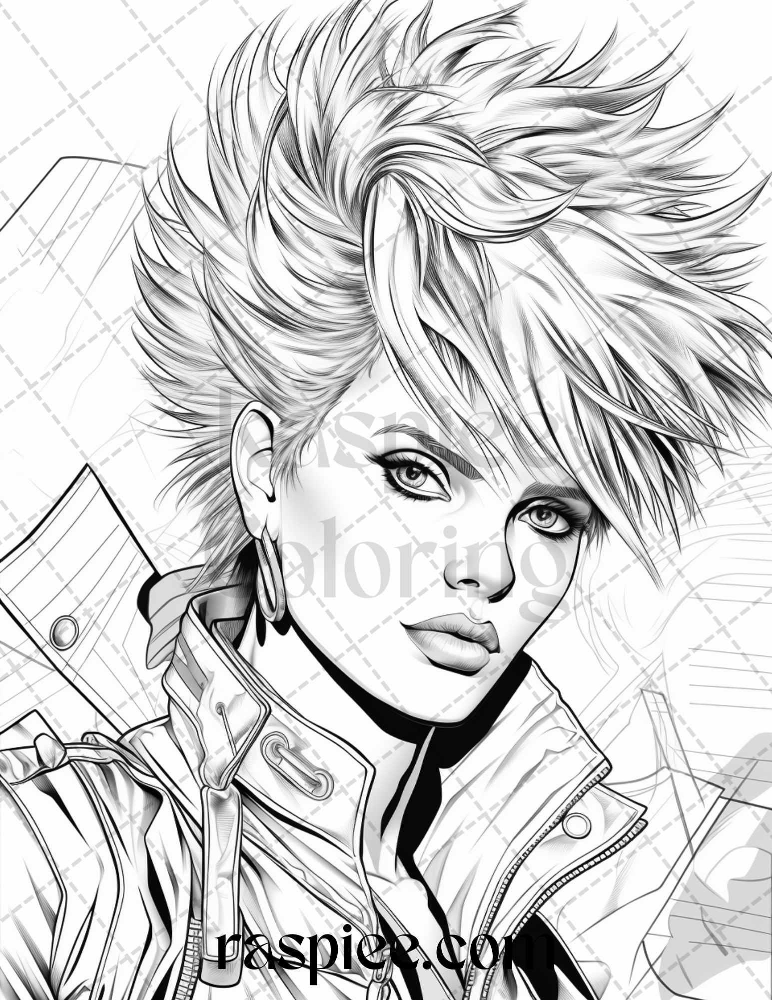 1980s New Wave Pop Star Grayscale Coloring Pages Printable for Adults, PDF File Instant Download